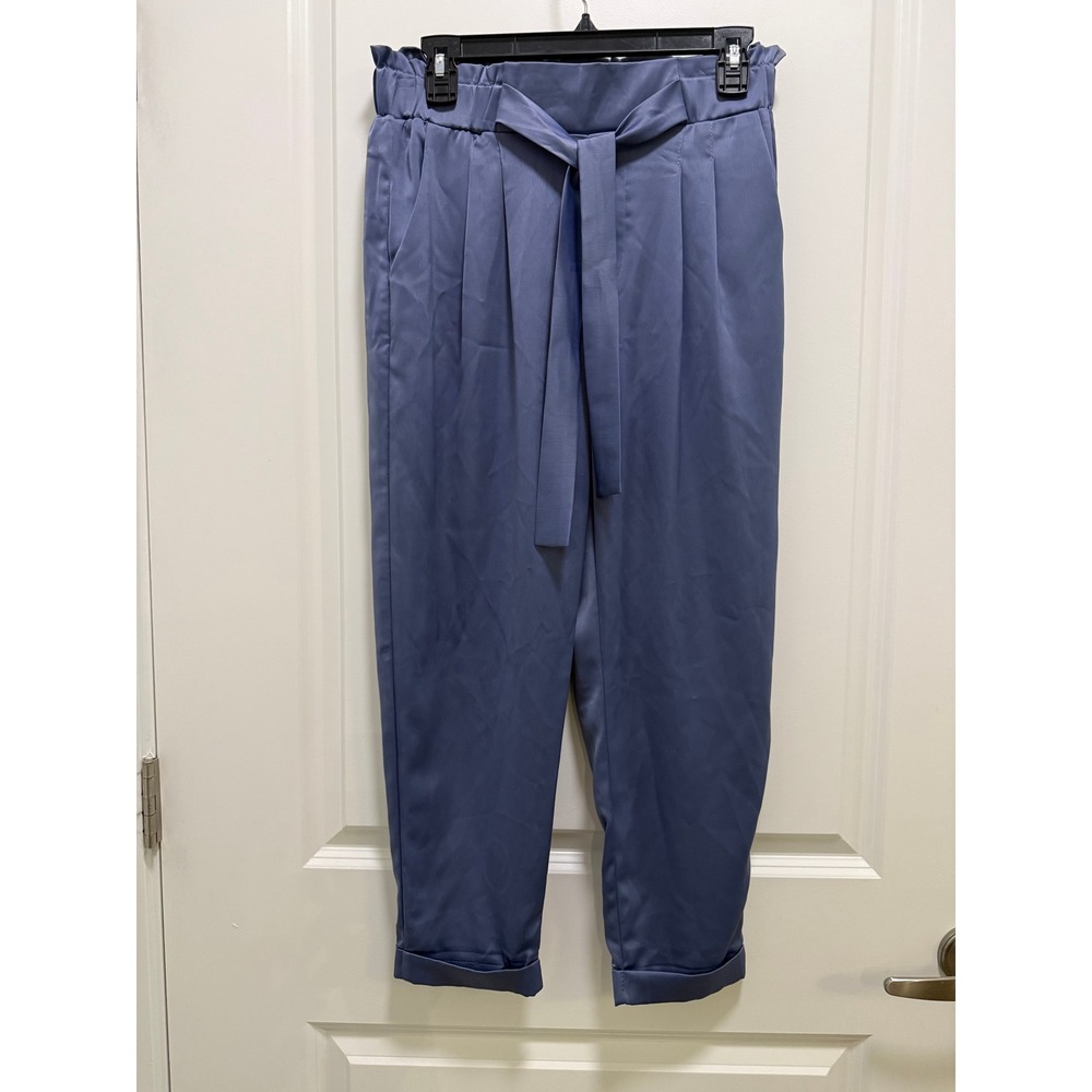 I Love Dusty Blue Satin Paperbag Waist Tapered Cuffed Pants High Rise Pleated